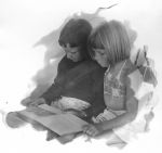 A medium shot of two children seated next to each other, both looking at a book. Portrait of Children, Circa 1955