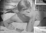 Medium shot of a child outside laying prone on a bed shielding their eyes from the sun with their hand writing a letter with the other hand. Reading and Writing, Circa 1955