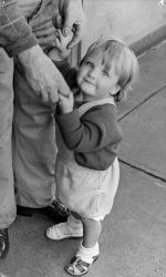 Medium shot of a young child standing looking up at the camera while holding onto someone's hand who is out of the picture. Portrait of a Child, Circa 1955