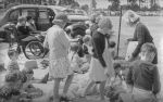 Long shot of children sitting or standing on blankets outside. There are two children in wheelchairs. Behind them are cars all parked around facing an oval. At the Races, Circa 1955
