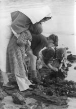 A medium shot of a nurse with three young children on a beach. They are all leaning forward looking down at rocks on the shoreline. At the Beach, Circa 1955