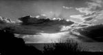 A long shot of a beach scene showing bushes in the foreground. View of the Sunset, Circa 1955