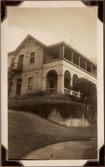 Long shot of exterior of hospital building. Exterior View Nurses Home, Circa 1941