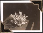 Close up shot taken from a high angle of flowers in a vase on a table top. Flowers, Circa 1945