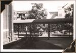 Long shot of a plant in front of a covered walkway. Part of some surrounding buildings can be seen in the background behind trees. Women's Hospital, Circa 1946